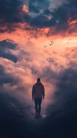Solitary figure walking through clouded mountain path at dusk.