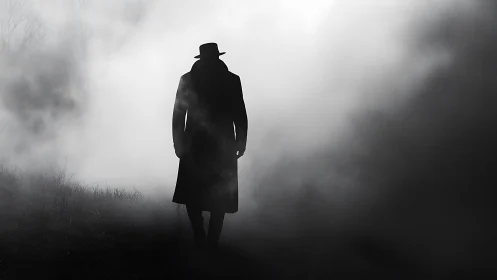 Silhouetted stranger walks alone through dense night fog