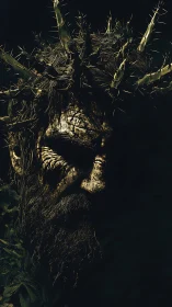 Dark thorned male face emerging from shadowed background.