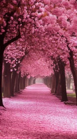Symmetrical cherry blossom tunnel forms vanishing-point pathway