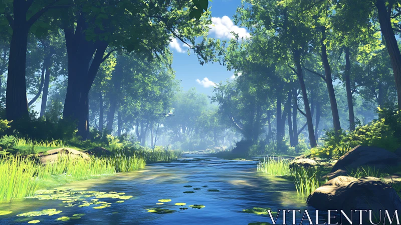 Serene Forest River Flowing Through Ancient Woodland Canopy.