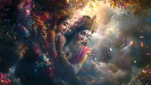 Divine lovers in celestial garden under radiant cosmic glow.