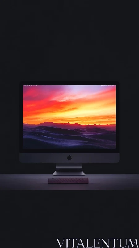 Sunset screen sentinel guarding a minimalist midnight desk.