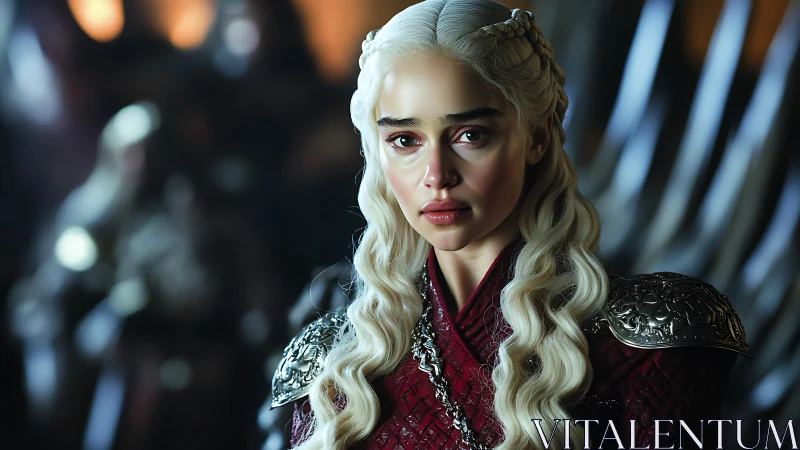 Silver haired queen in crimson armor before blurred court