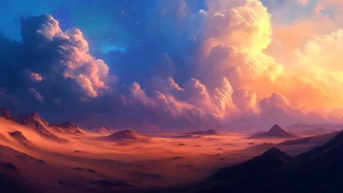 Expansive desert plain under dense illuminated cloud bank.