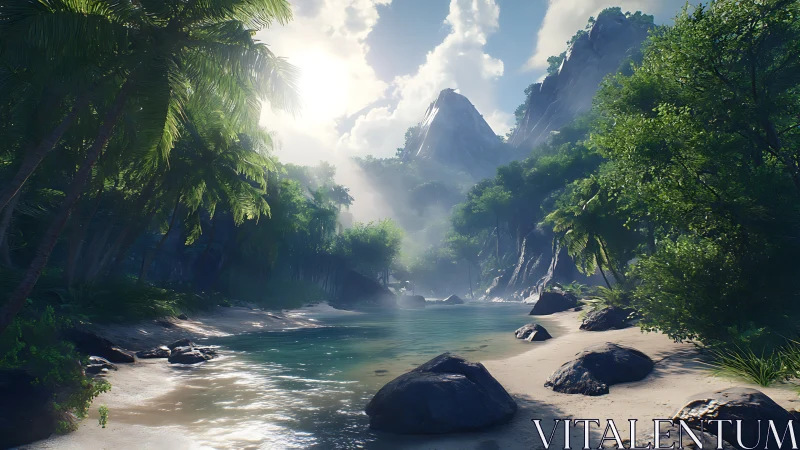 Limestone Karst Cove with Tropical Vegetation and Tidal Beach