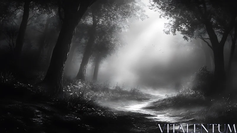 Misty Forest Stream Through Ancient Trees.