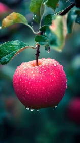 Red apple with water droplets hanging from tree branch.