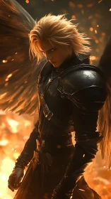 Fallen angel warrior stands brooding amid swirling embers
