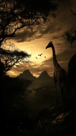Gentle giraffe watching golden dusk over quiet savanna.