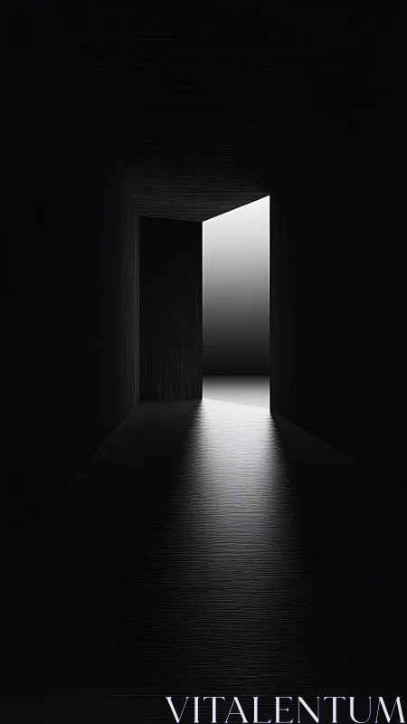 Narrow dark corridor meets stark white doorway of light.