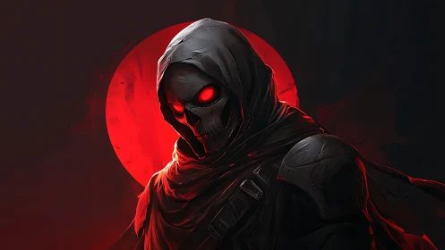 Hooded skeletal reaper before a blazing red eclipse.