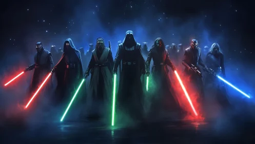 Cloaked warriors advance through volumetric fog with glowing sabers