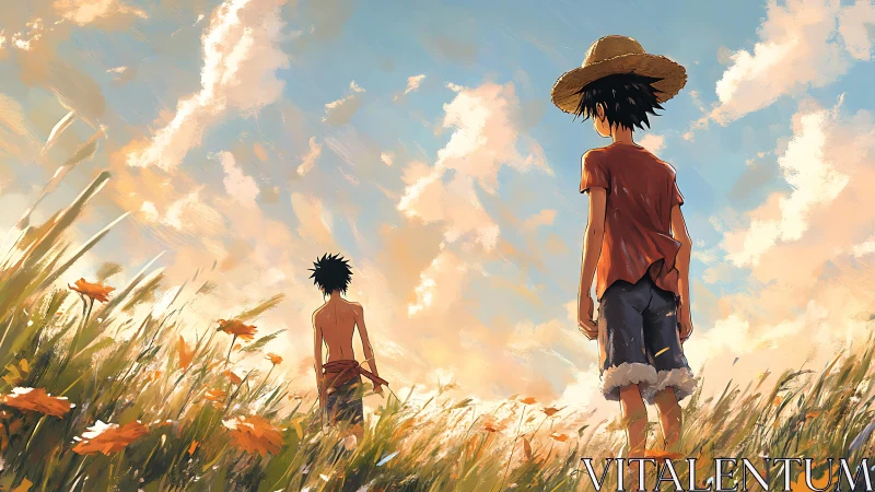 Sunset wanderers stride through a flower-filled summer field.