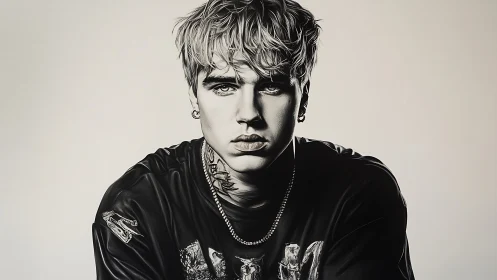 Brooding young man in monochrome digital portrait.