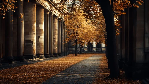 Golden autumn colonnade glows softly in late afternoon light