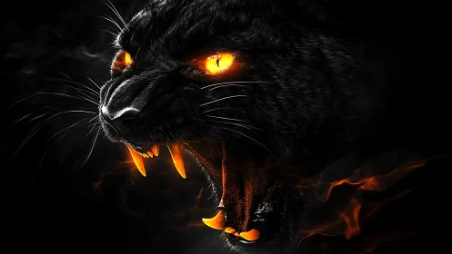 Ember-eyed black panther roaring through liquid shadow.