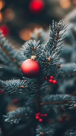 Crimson bauble whispers warmth through frosted evergreen hush