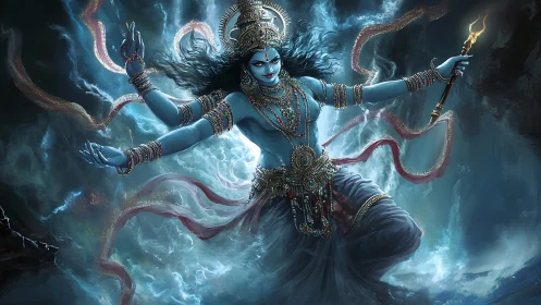 Blue multiarmed goddess storms swirling celestial void