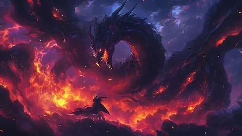 Midnight fire dragon and lone hero in swirling stormlight.