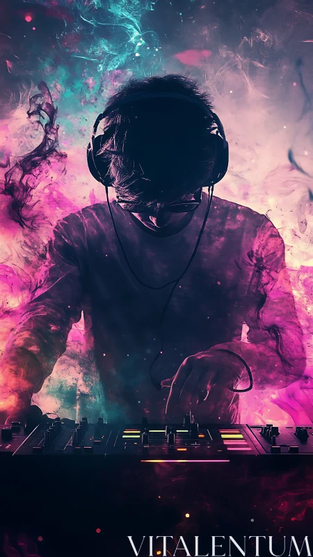 Synesthetic DJ interface amid neon particulate soundfield.