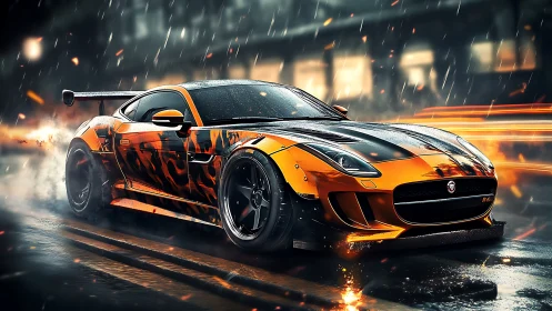 Street racer supercar drifts through neon rainstorm at night.