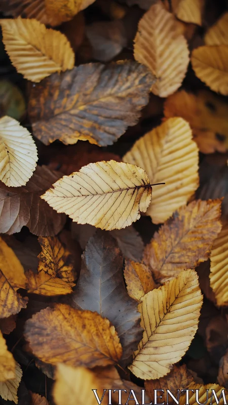 Dry autumn leaves form dense gold and brown forest carpet