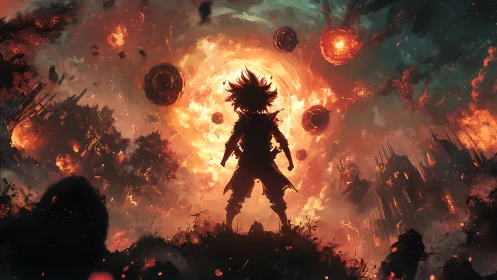 Stormborn wanderer facing collapsing fiery cosmos portal.