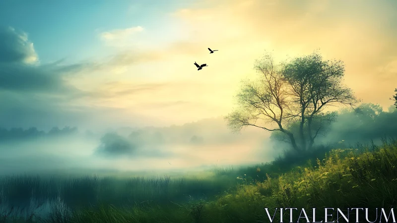 Mist-covered lakeside meadow with trees at sunrise period.