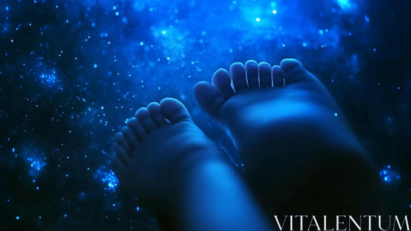Baby feet floating above glowing cosmic blue night sky.