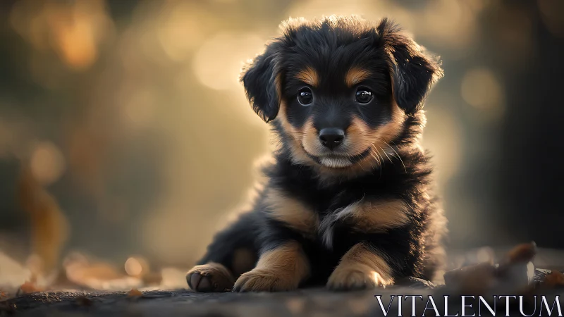 Gentle autumn-lit puppy gazes through golden forest hush.