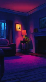 Cozy midnight living room glowing with dreamy neon light.