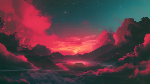 Nebular dusk over levitating monolith in crimson cloud valley