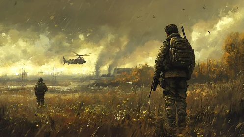 Armed soldiers observing combat helicopter over ruined wetland