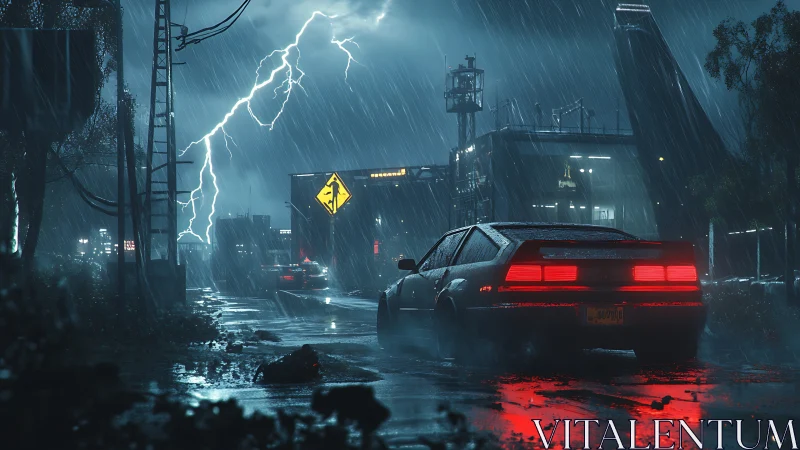 Retro sports car glows red on a storm-lashed neon highway