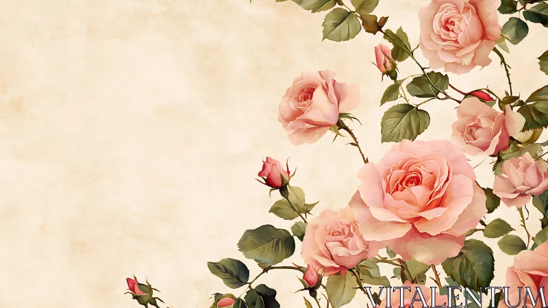 Blushing garden roses drift softly across parchment light