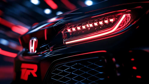Red-lit Honda front fascia in cinematic close-up profile.