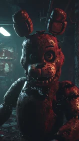 Rust-bitten animatronic bunny grins in dripping basement gloom.