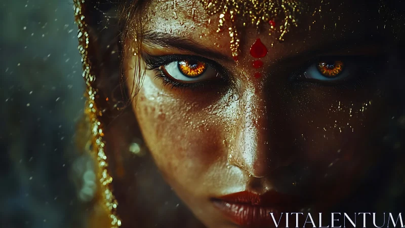 Intense close-up portrait renders molten ember-gold eyes in focus