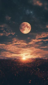 Blood moon over twilight meadow under glowing horizon.