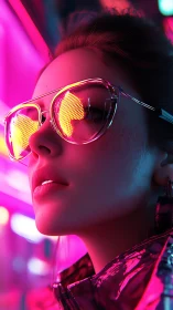 Neon-lit woman in reflective glasses studies glowing city