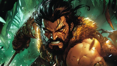 Savage warrior lunges through jungle in dynamic lighting.