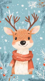 Winter deer portrait with red scarf on icy blue backdrop