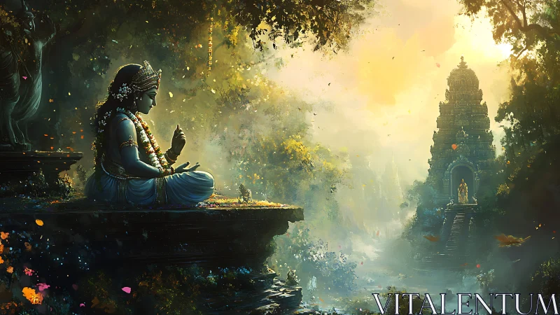 Meditating deity sits before sunlit temple in lush valley