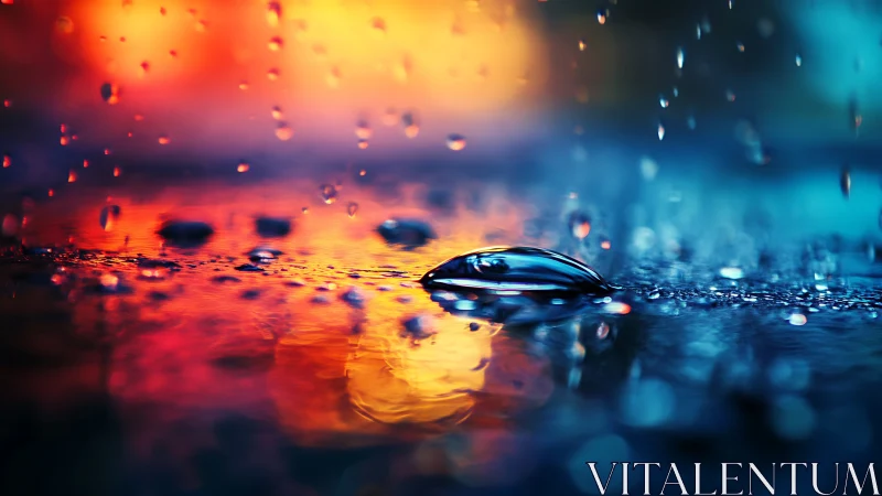 Glistening raindrop resting on glowing city reflections.