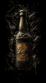 Dark beer bottle explodes through liquid shadows dramatically.