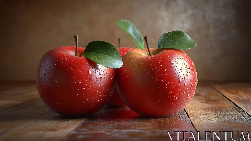 Fresh dewy red apples resting on a rustic wooden table.