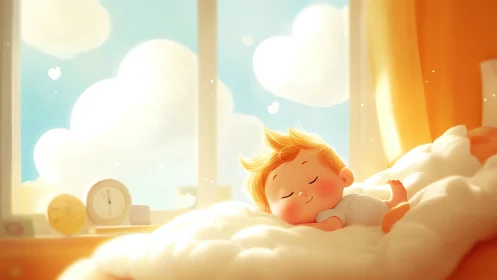 Backlit infant sleeping in sunlit nursery with soft bokeh clouds