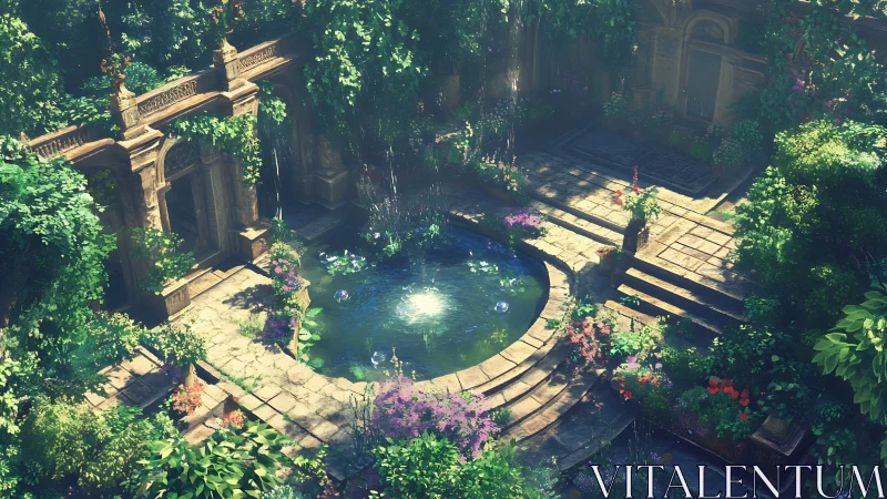 Sunlit courtyard pond shimmers amid lush overgrown ruins
