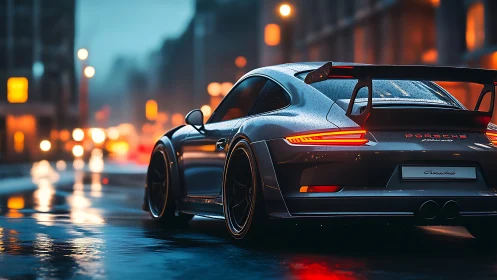 Rear-angle sports coupe rendered in cinematic wet-street lighting